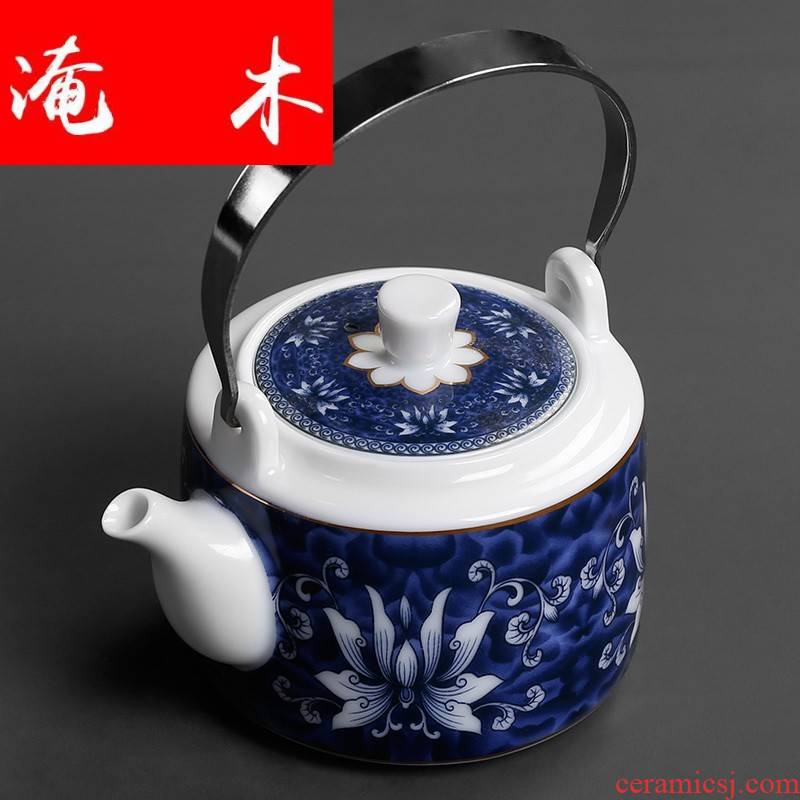 Flooded wood jingdezhen porcelain ceramic teapot high - volume large - sized cold water girder of blue and white porcelain teapot household mercifully