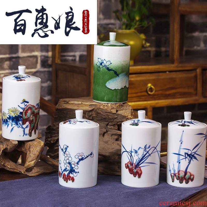 (niang jingdezhen blue and white porcelain hand - made in a drum youligong wake receives puer tea cake tea caddy fixings