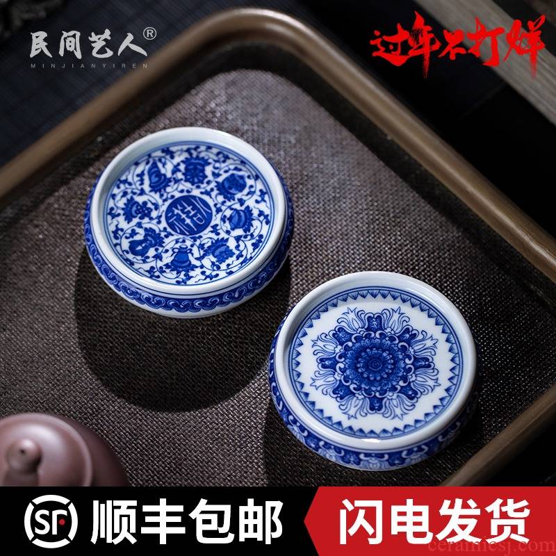 Pure manual hand - made landscape tea cover rear cover cover to mackerel Joe blue - and - white CiHu bearing ceramic lid of the socket