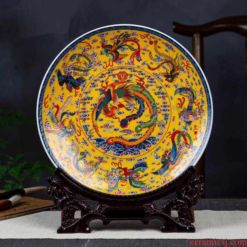 Jingdezhen porcelain ceramic decoration plate large figure Chinese style household furnishing articles about nine chicken sitting room porch swing plate plate