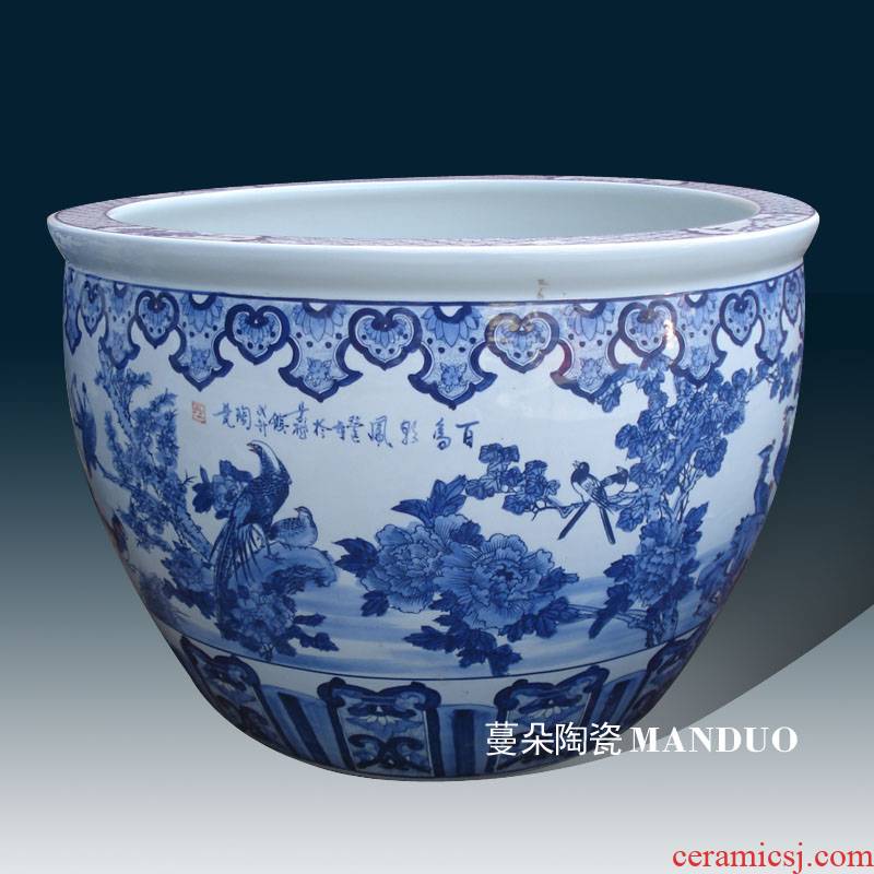 Jingdezhen q blue 80-90 - cm large diameter cylinder flower painting of flowers and birds pay homage to the king of China big courtyard cylinder