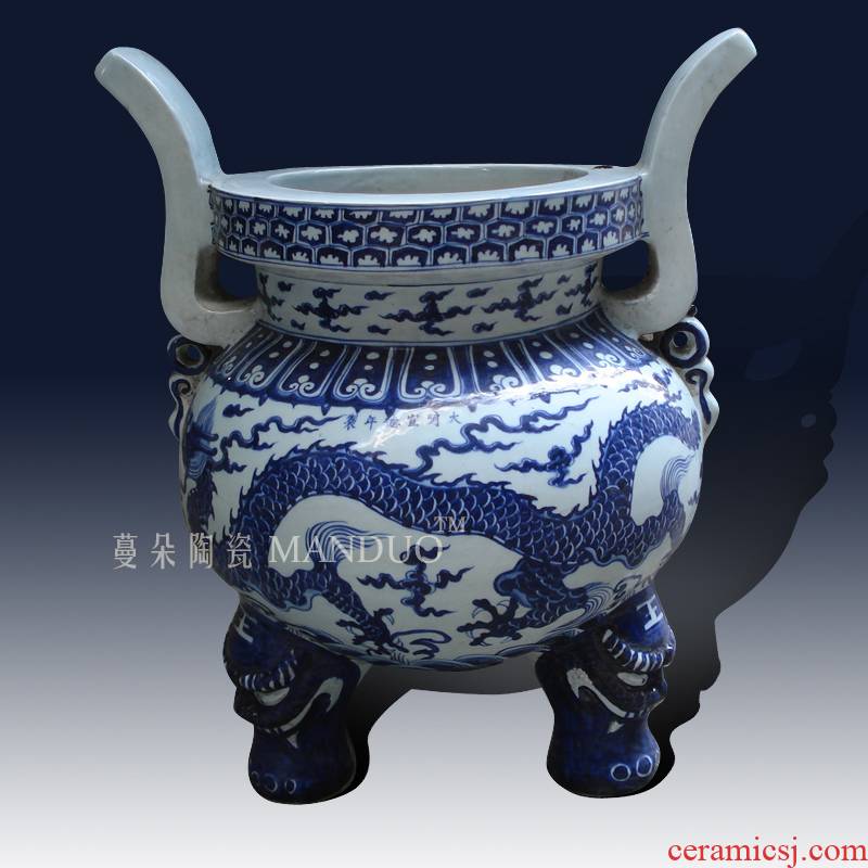 Jingdezhen XuanDeLong grain big censer Jingdezhen dragon grain porcelain triangle big censer ancestral temple incense buner