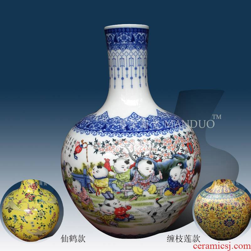 Jingdezhen lad with a spring in yellow crane branch lotus celestial vase elegant Chinese style decorative vase