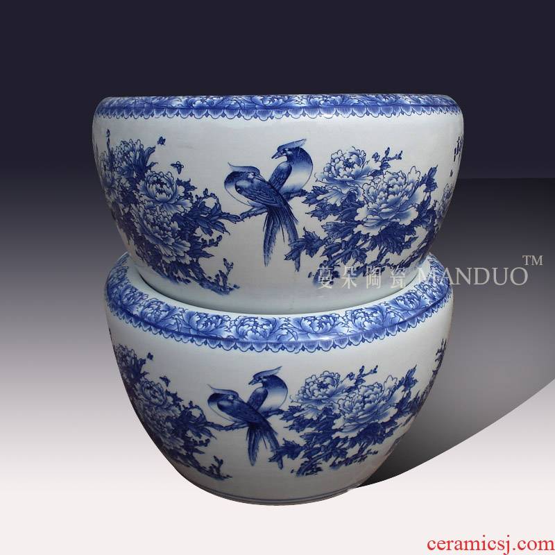 Jingdezhen blue and white peony flower porcelain VAT blue and white peony beautiful antique calligraphy and painting porcelain cylinder