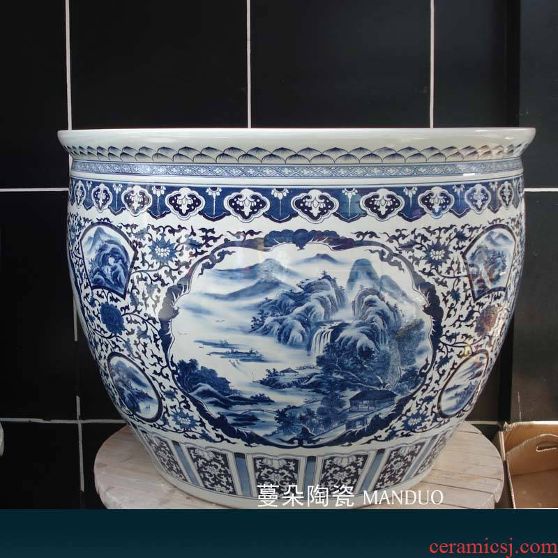 Jingdezhen blue and white dress picture landscape hand - made porcelain VAT elegant furnishings and caliber 95 cm is big