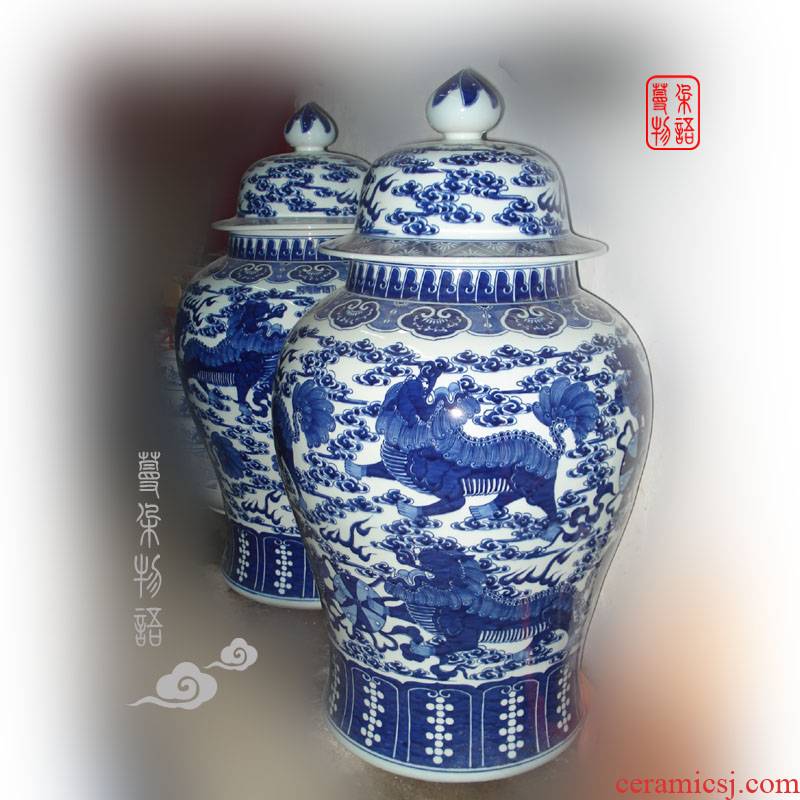 Jingdezhen is pure hand - made 90 cm high benevolent lion general porcelain jar of he feel large general longfeng pot
