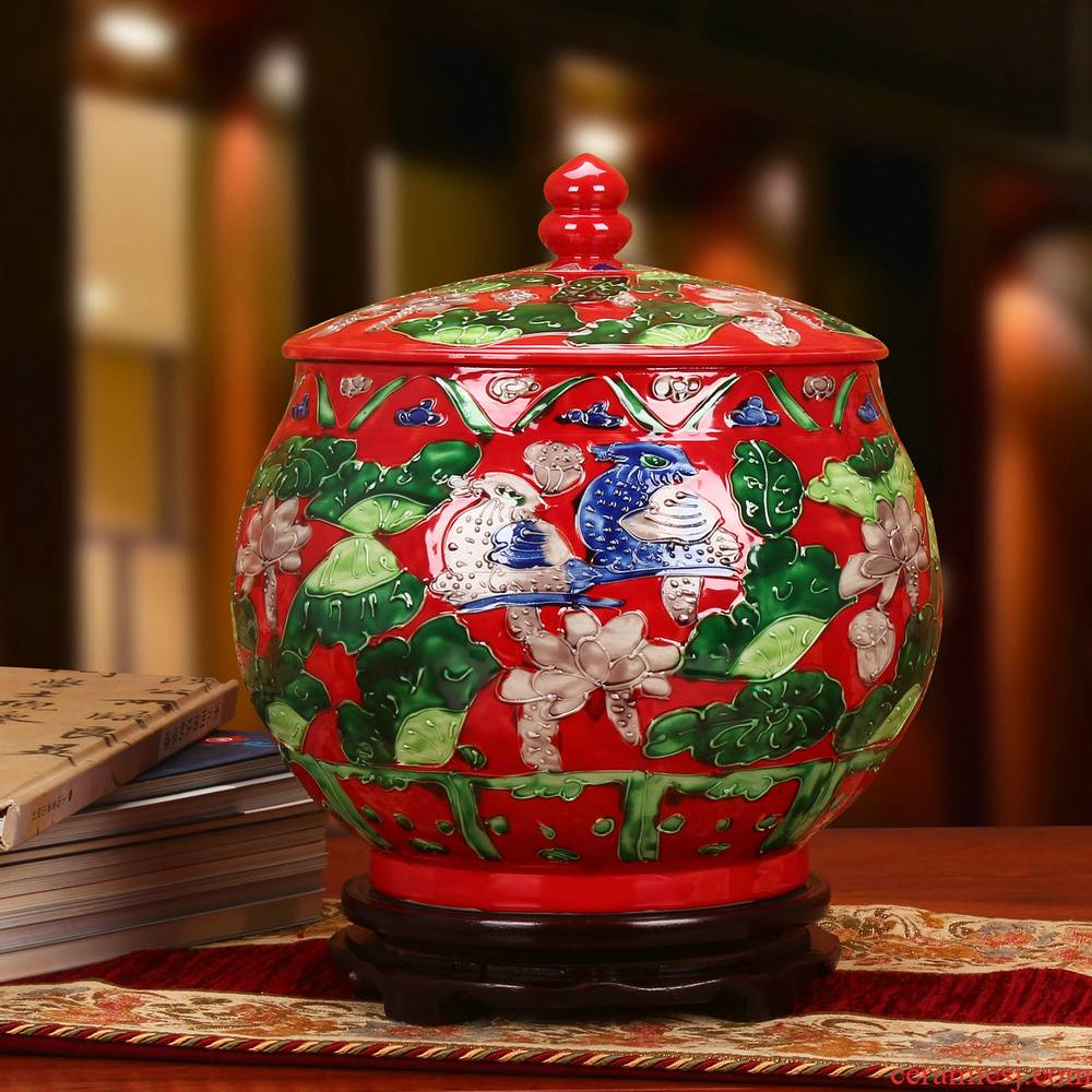 Jingdezhen ceramics antique carved red yuanyang furnishing articles storage tank cylinder barrel seeds wedding gift