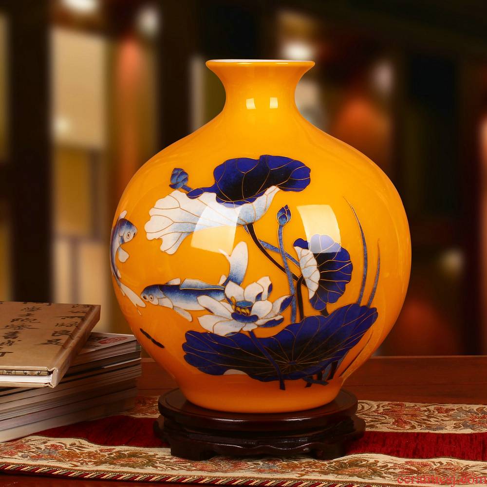Jingdezhen ceramics high - grade gold fish yellow straw lotus vase sitting room adornment of Chinese style household furnishing articles