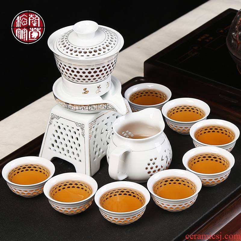 Semi - automatic tea set ceramic household lazy stone mill rotating water kunfu tea exquisite hollow out the make tea tea art
