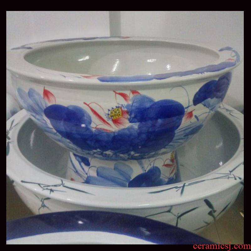 Jingdezhen ceramic porcelain 45 & ndash; Blue green 67 hand - made ceramic high cylinder bottom flat cylinder goldfish