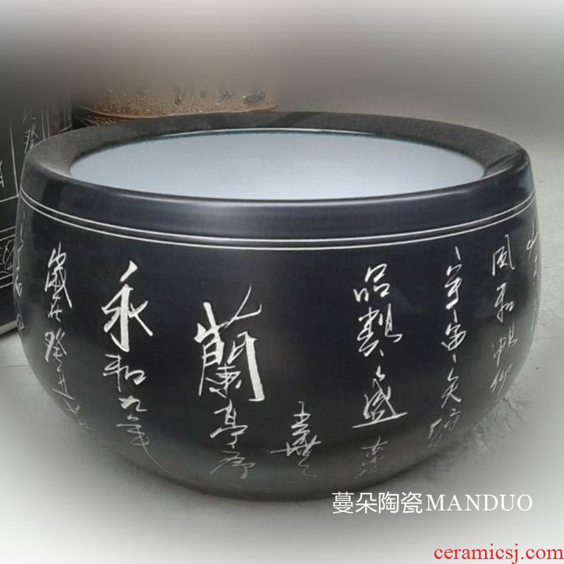 Jingdezhen black lettering China writing brush washer from China lettering shallow water aquarium big writing brush washer from China furniture furnishing articles