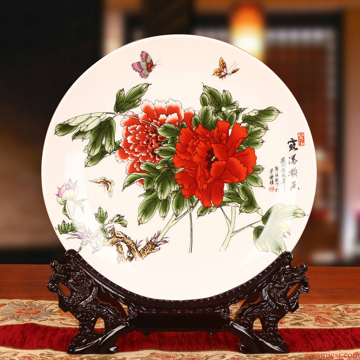 Jingdezhen ceramics Chinese peony butterfly sit hang dish faceplate contracted home furnishing articles decoration plate