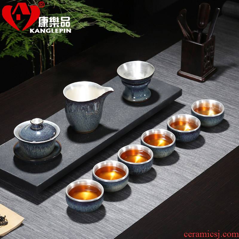 Recreational product kung fu sterling silver, silver tea set bladder household ceramics building light round drum teapot obsidian tureen tea cups