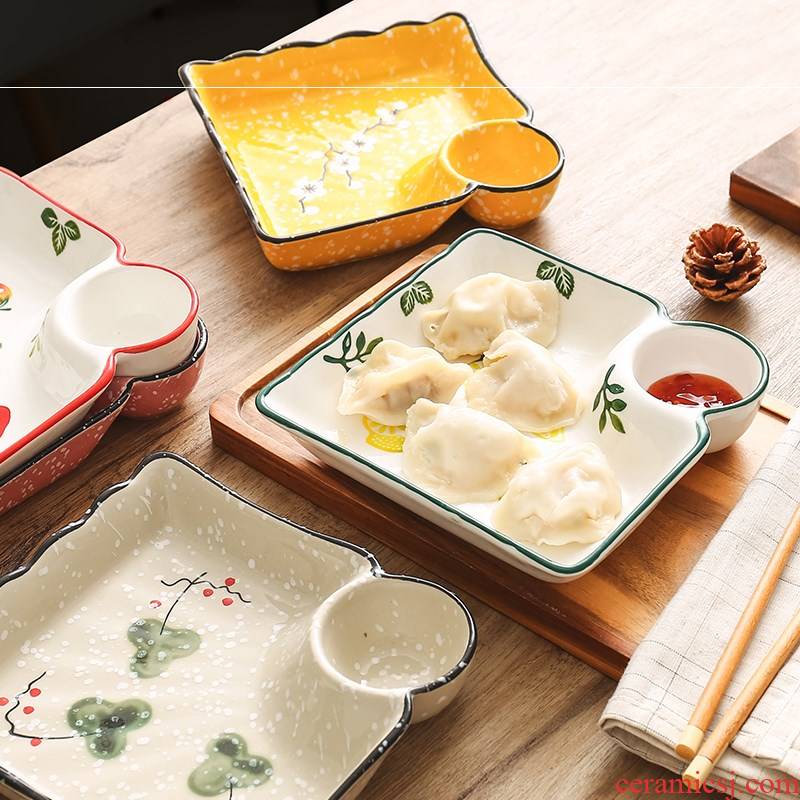 Creative dumplings Japanese vinegar disc ceramic frame plate dribbling square home plate dumplings large tray