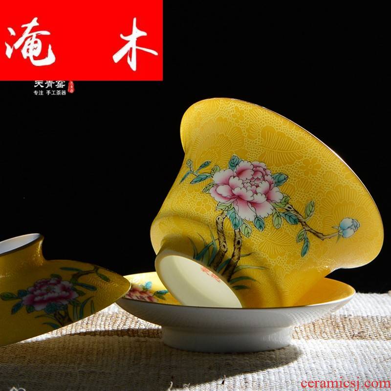Flooded tureen teacups hand - made wooden jingdezhen ceramics powder enamel large three see kung fu cup to use manual pick flowers