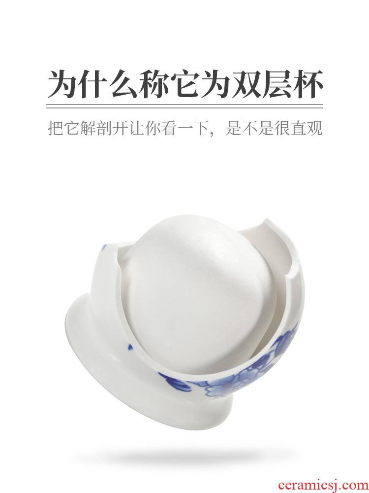 Prevent hot ceramic tea set suit household double - layer cup kung fu tea sets Chinese blue and white porcelain cup teapot contracted