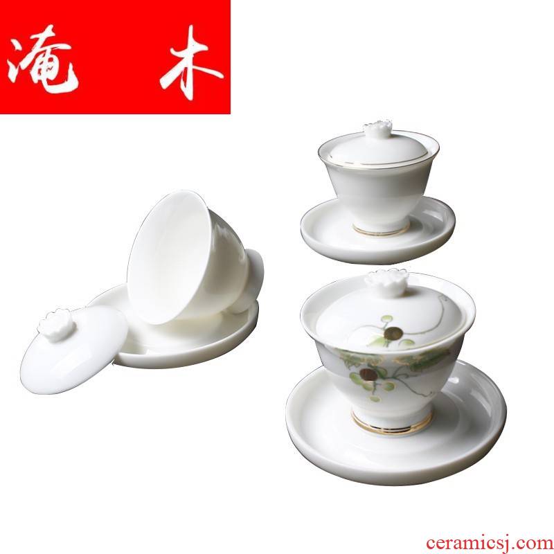 Flooded the wooden hand grasp suet jade only three tureen individual household ceramics kung fu tea set large dehua white porcelain cups