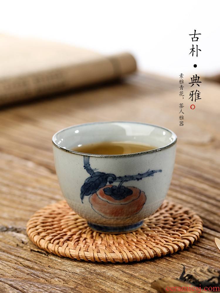 Jingdezhen blue and white hand - made master cup checking clay sample tea cup single CPU kung fu tea set persimmon tea cup only