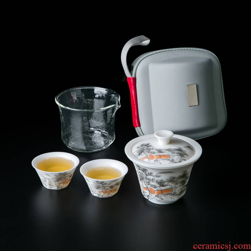 Jingdezhen travel suet jade white porcelain tea set suit portable package crack cup a pot of 2 cup filter tea tureen