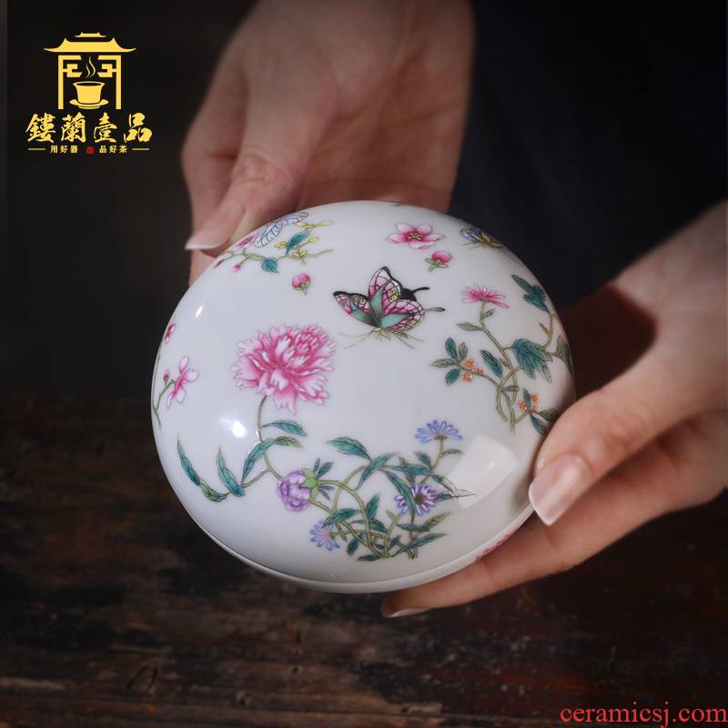 Jingdezhen ceramic hand - made pastel recent jewelry with box to receive a box of four treasures inkpad inkpad box cylinder