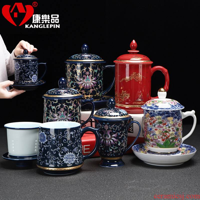 Recreational product office of blue and white porcelain cup tea business ceramic cup with cover large capacity of single glass with the boss