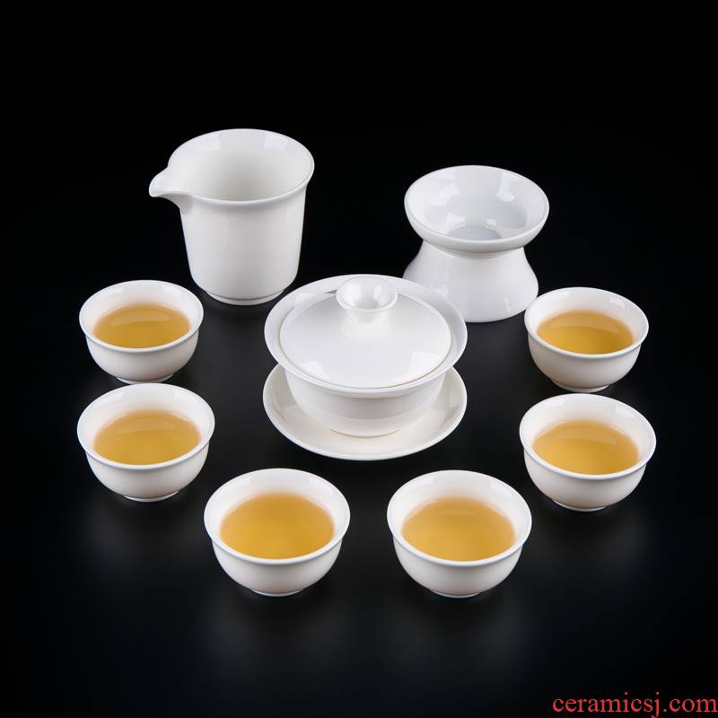 Suet jade white porcelain tureen tea set suit household contracted noggin female jingdezhen ceramic teapot