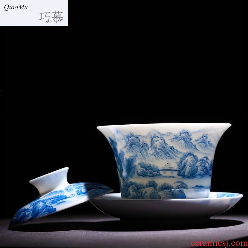 Qiao mu jingdezhen landscape hand - made hand grasp of blue and white porcelain tea tureen worship to use kung fu tea tea for a tea cup