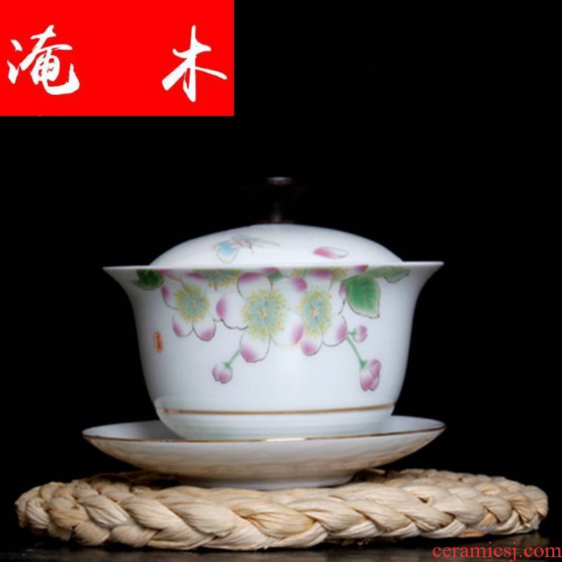 Flooded wooden tea friends white porcelain tureen ceramic see colour manually draw three large bowl with the wooden cover kung fu tea set