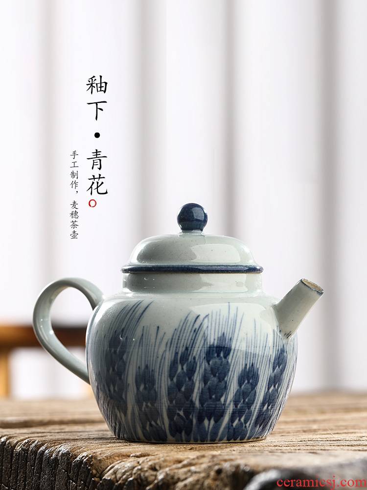 Pure manual jingdezhen blue and white teapot kunfu tea teapot hand - made ball hole, tea pot single pot of Chinese ceramic pot