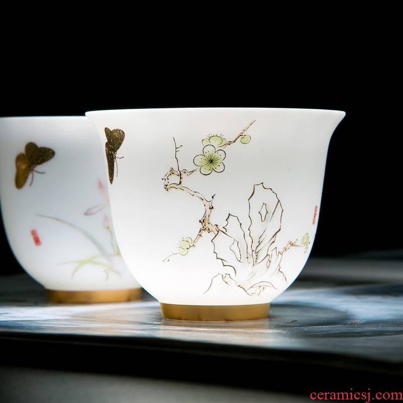 Jingdezhen ceramic hand - made noggin 6 pack suet jade sample tea cup kung fu tea set master cup single CPU