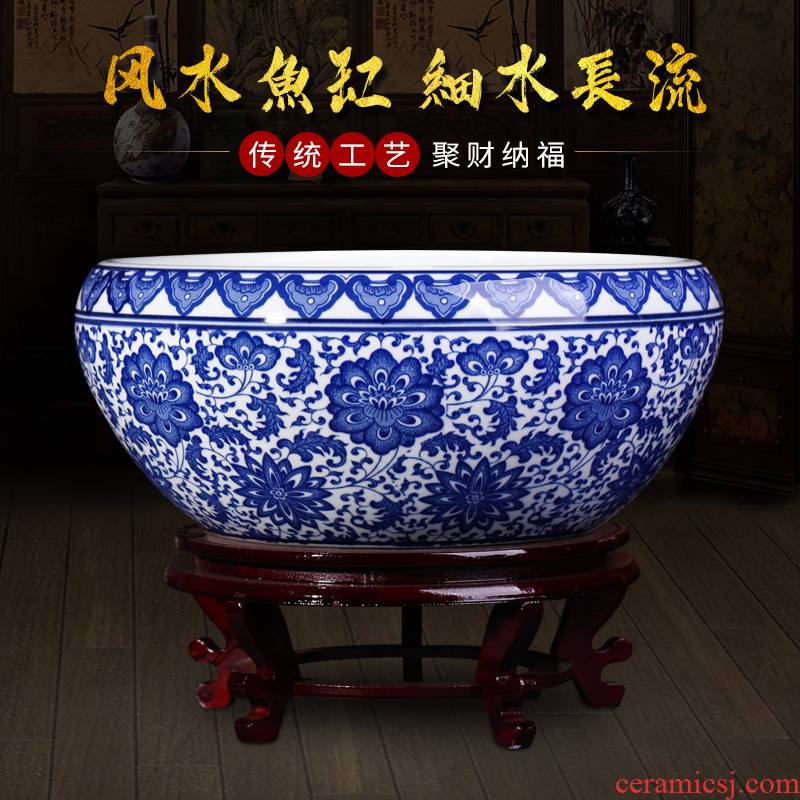 Blue and white porcelain of jingdezhen ceramics goldfish bowl big flowerpot to heavy Chinese style household furnishing articles sitting room balcony decoration