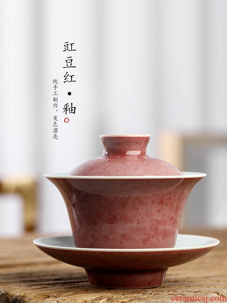 Cowpea red three tureen tea cups only protect hot large jingdezhen ceramic tea set pure manual kung fu always is getting out