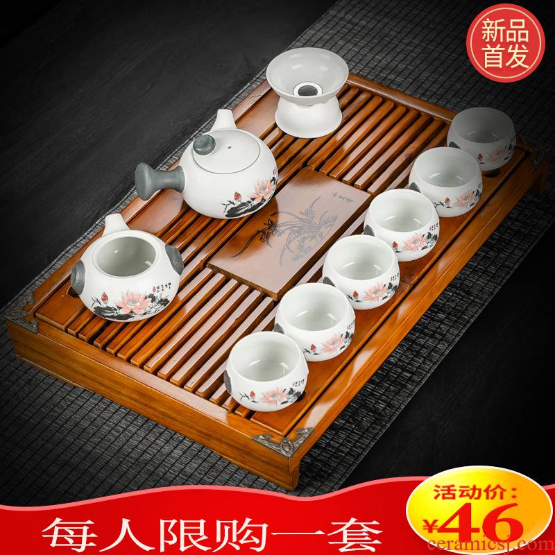 Hui shi contracted kung fu tea set home office lazy stone mill small set of tea ware ceramic tea sea solid wood tea