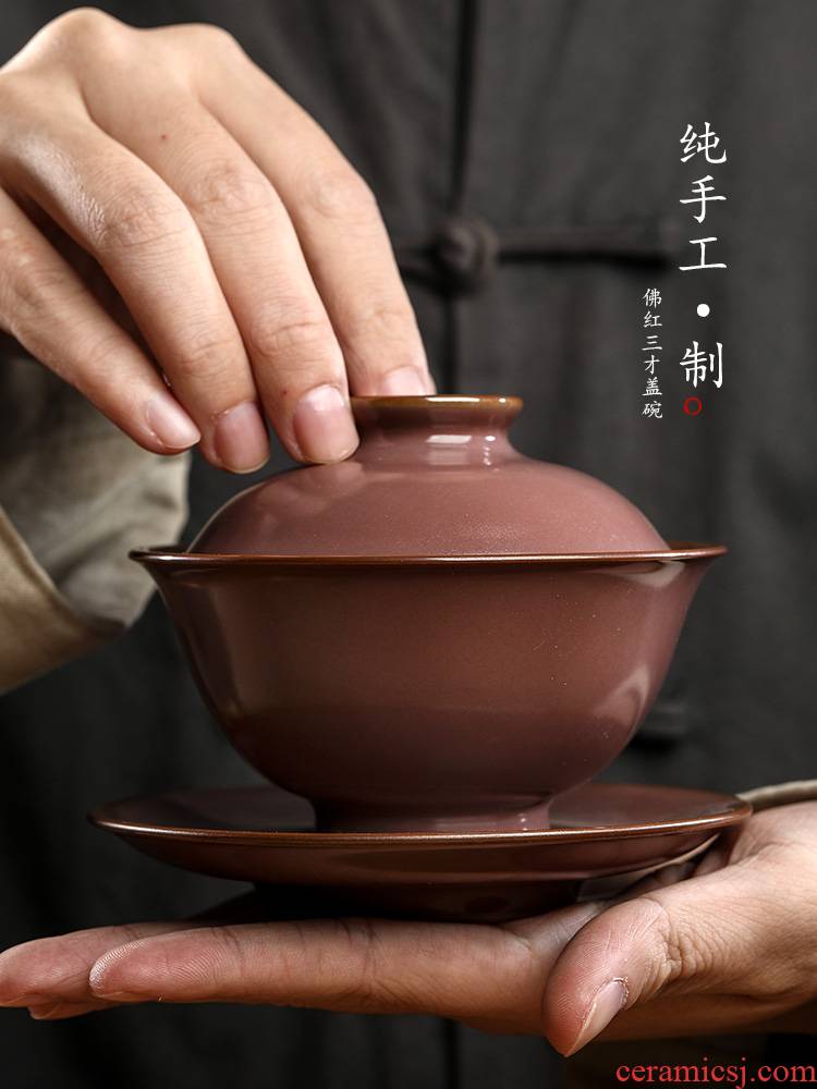 Jingdezhen pure manual only three tureen tea cups prevent hot large red glaze Buddha kung fu tea bowls ceramic tea set