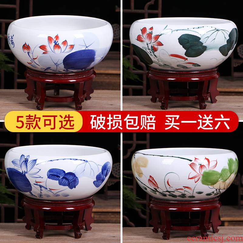 Jingdezhen ceramic aquarium small desktop tortoise basin goldfish bowl lotus lotus cylinder cylinder household fish furnishing articles