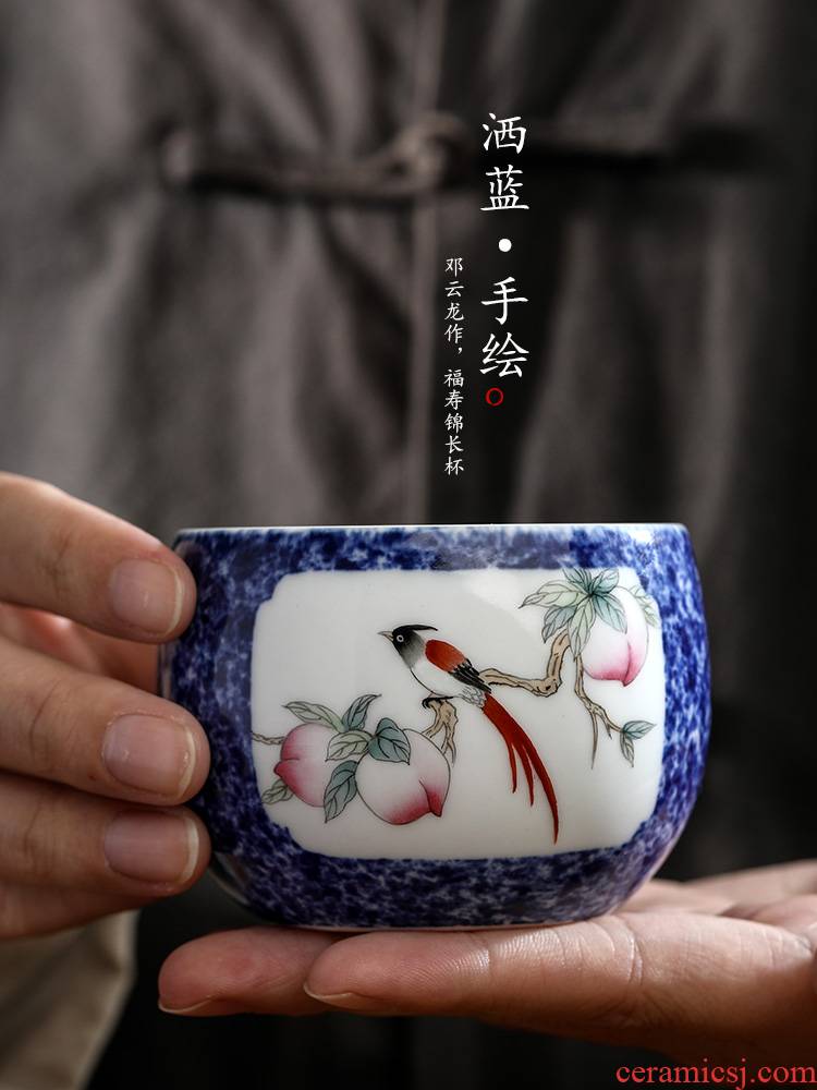 Hand draw flowers and birds masters cup single cup men 's jingdezhen kung fu tea cups sample tea cup only pure manual blue glaze tea set