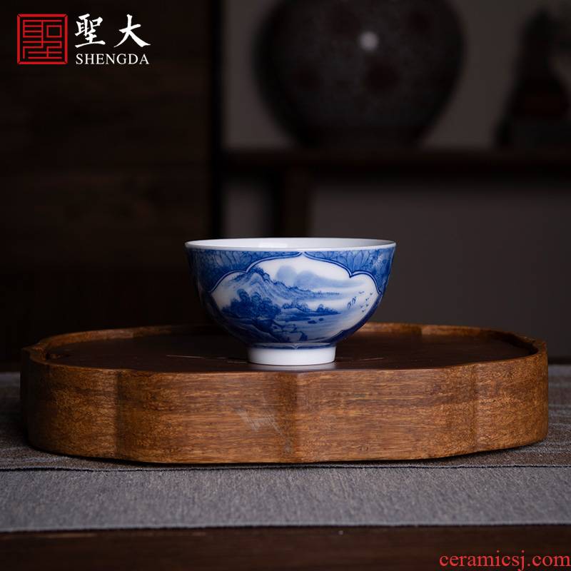 Holy big ceramic kung fu tea cup pure manual hand - made jingdezhen blue and white flower Windows landscape master cup sample tea cup