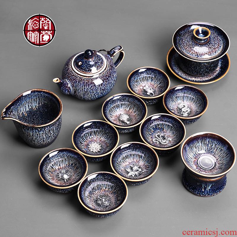 Kung fu tea set suit household variable with lid bowl of a complete set of red glaze, ceramic composite box office