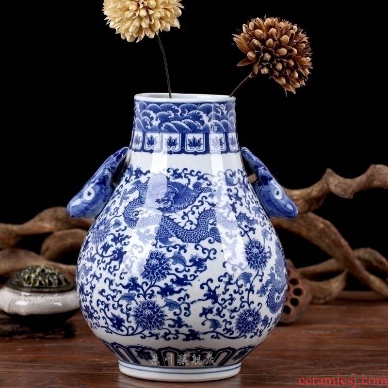 Jingdezhen blue and white porcelain vase put lotus flower dragon ceramics ears flower Chinese handicraft furnishing articles to the living room