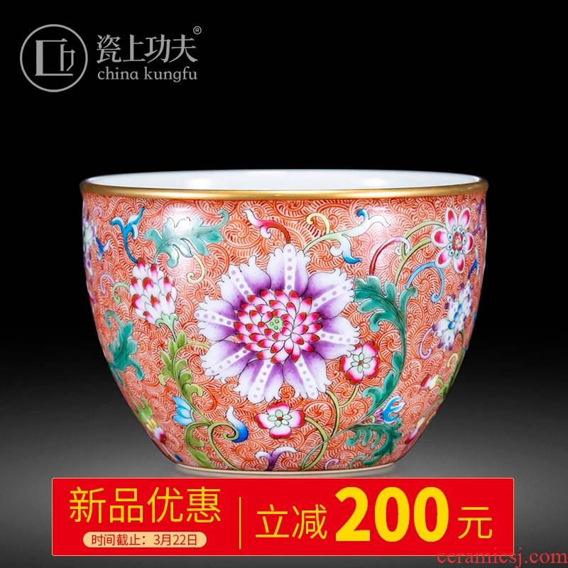 Red colored enamel porcelain on kung fu alum flowers master cup single CPU jingdezhen ceramic sample tea cup kung fu tea set