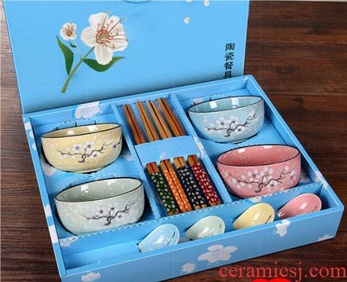 Eating four pieces of four suits for bowl bowl three household chopsticks in a ceramic family 4 teaspoons of lovely combination