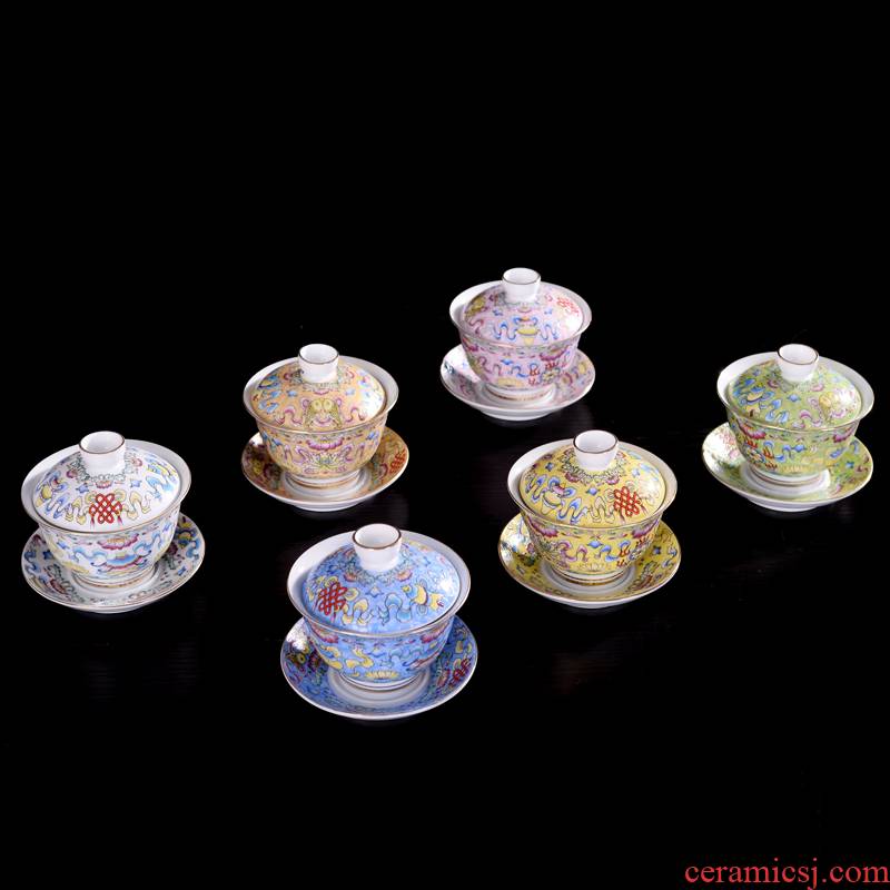 Hui shi tureen kung fu tea set of blue and white porcelain ceramic colored enamel three bowl of tureen tea cups, grilled flower tea cups