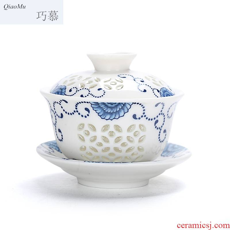 Qiao mu purple ceramic kung fu tea set your up tureen only three cups of green ice to crack the three bowl of blue and white and exquisite bowl with a new one