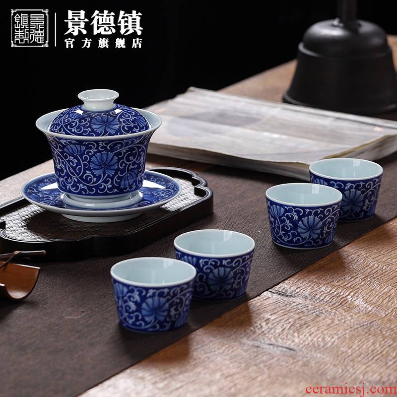 Jingdezhen flagship store hand - made porcelain ceramic white porcelain kung fu tea set suit high - end large tureen tea cups