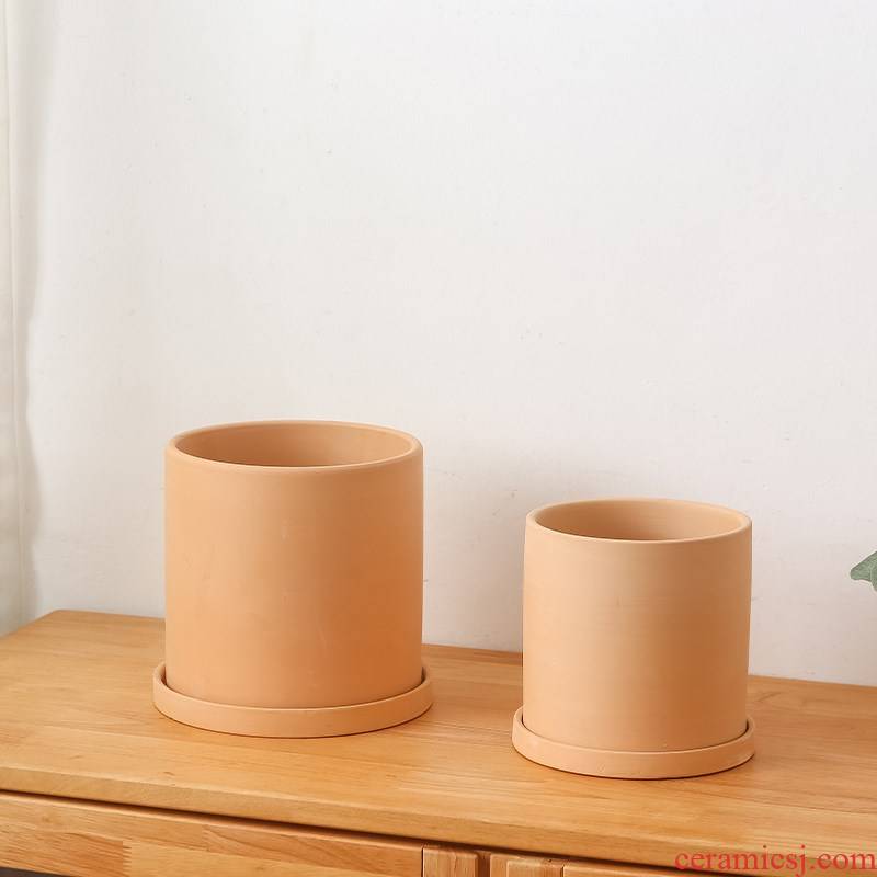 Clay permeability biscuit firing Nordic cylindrical straight flowerpot meaty plant green plant pot made of baked Clay mud clearance sale