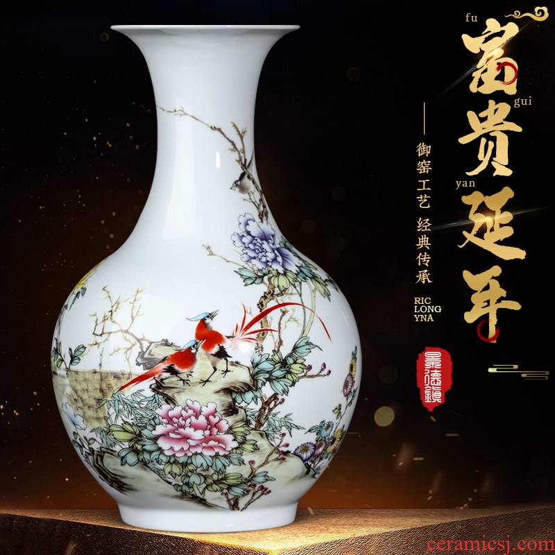 Jingdezhen ceramics golden pheasant vase peony furnishing articles furnishing articles of Chinese style living room rich ancient frame flower adornment household