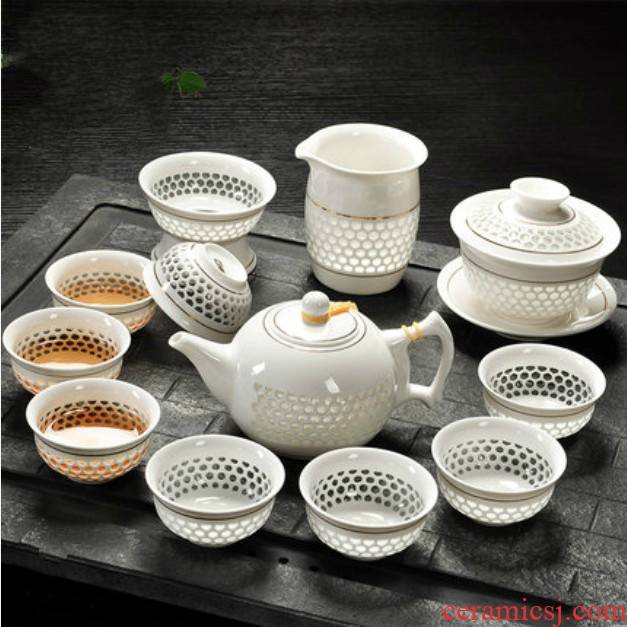 Suit white porcelain teapot teacup kung fu tea tureen hollow honeycomb and exquisite simplicity ceramic tea