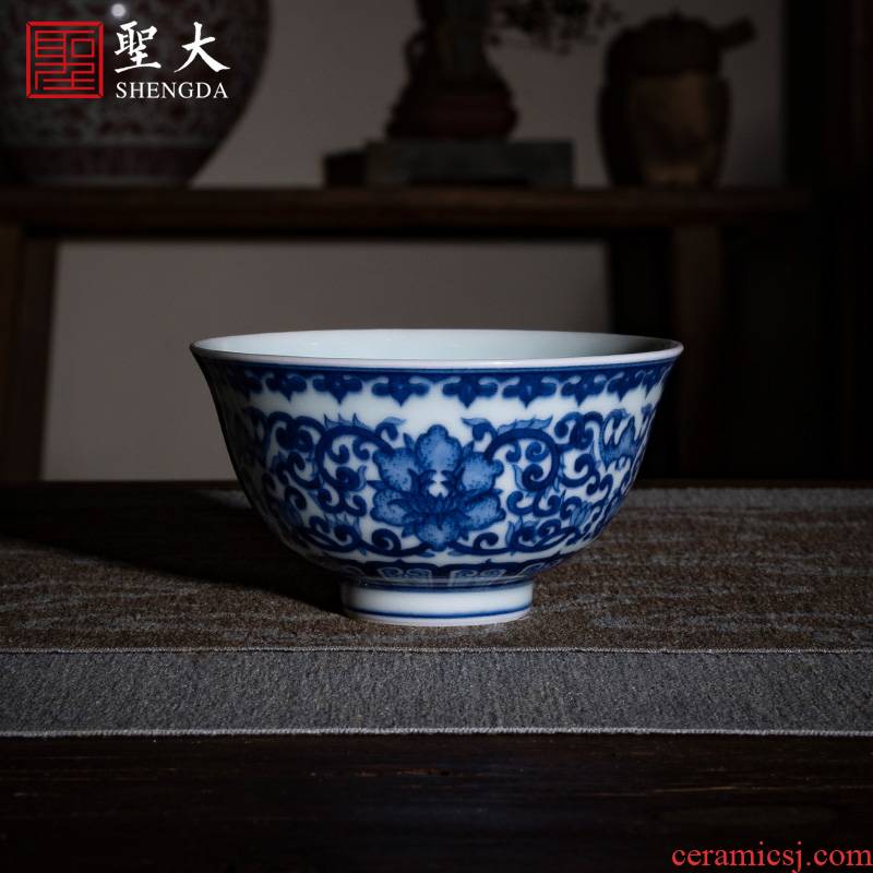 Holy big ceramic kung fu tea cup pure manual hand - made teacup tea set blue and white peony lines master cup sample tea cup