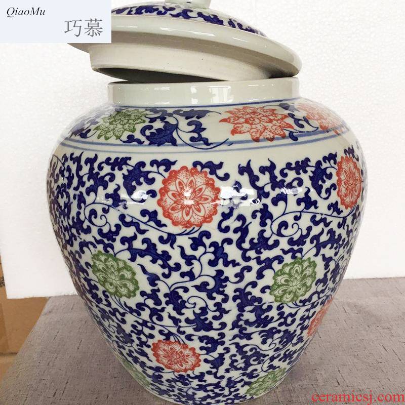 Qiao mu 15 pounds with blue and white porcelain barrel with cover rice bucket 30 jin of rice storage box household insect moisture - proof seal surface