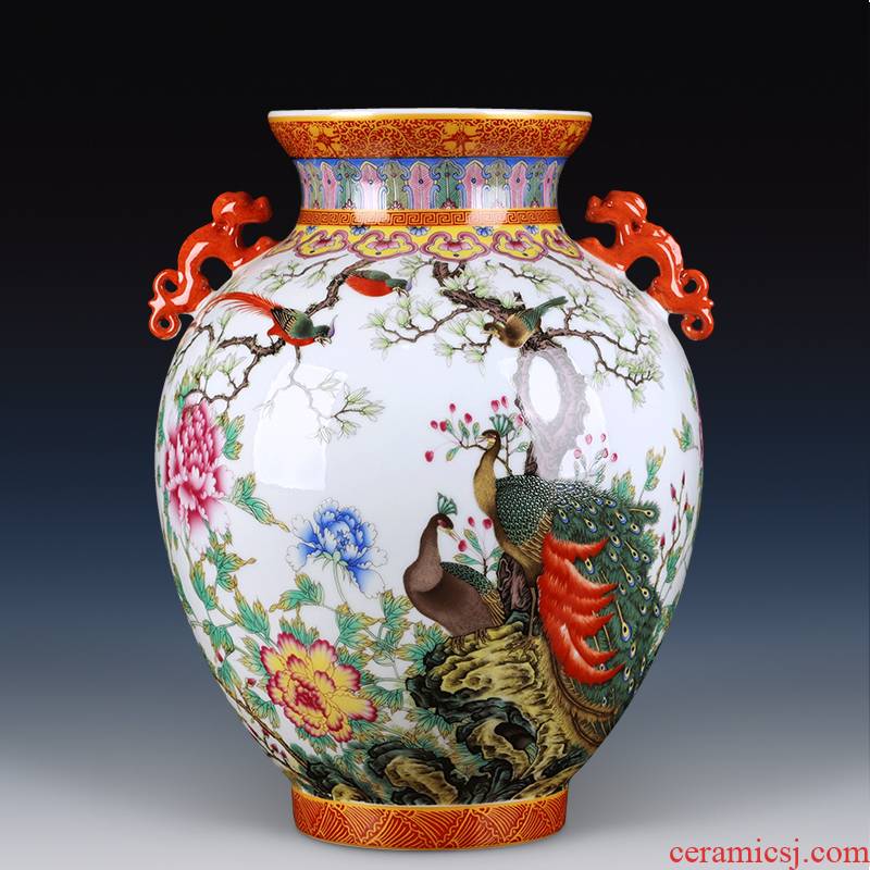 Jingdezhen ceramics ears colored enamel vase furnishing articles antique bottles of Chinese style living room TV cabinet decoration by the peacock